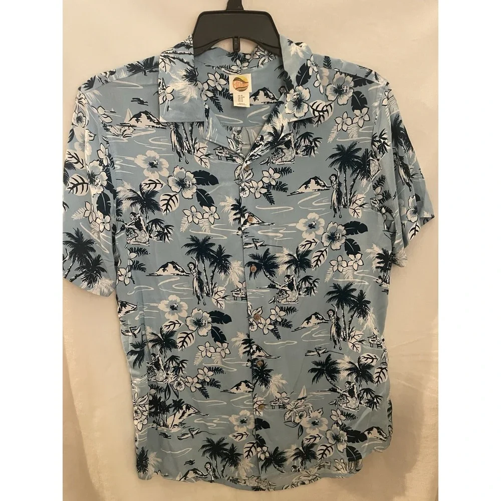 C&C CALIFORNIA - Blue Floral Surf Aloha‎ Hawaiian Mens Medium Summer Hula Girl